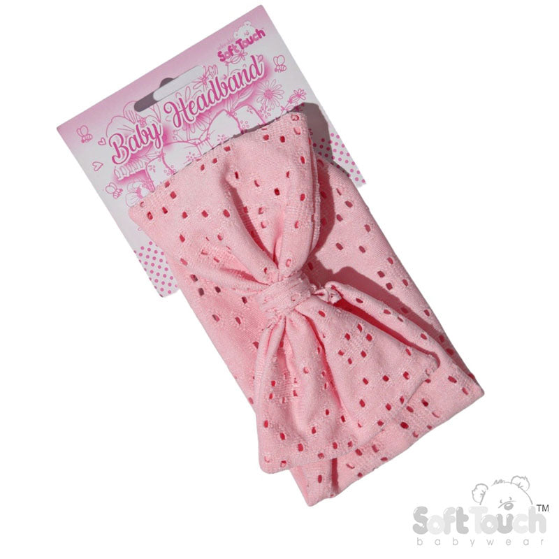 Pink Broderie Anglaise Headband - Large Bow (PK12) HB102-P