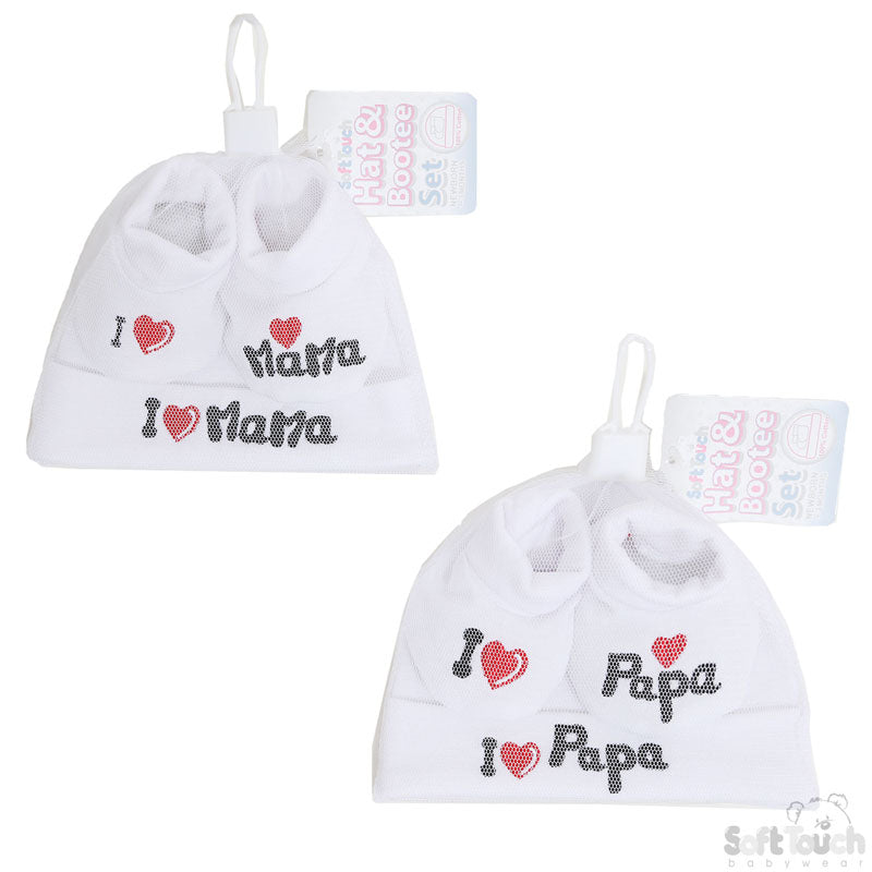 WHITE BABY HAT & BOOTEE SET - I LOVE M/D (NB-3 MONTHS) HB30-W