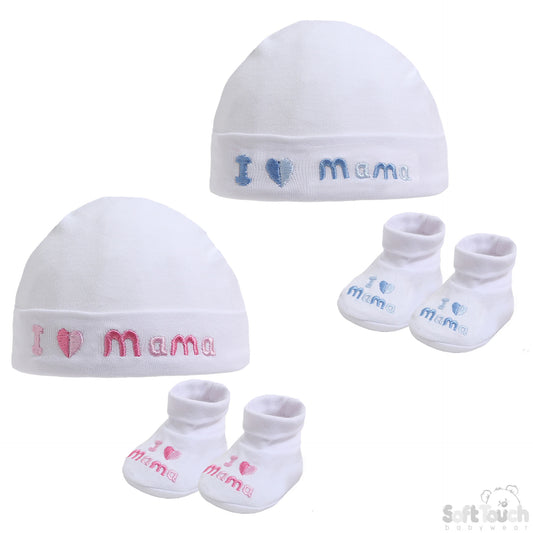 WHITE BABY HAT & BOOTEE SET - I LOVE MAMA (NB-3MONTHS) HB32-M