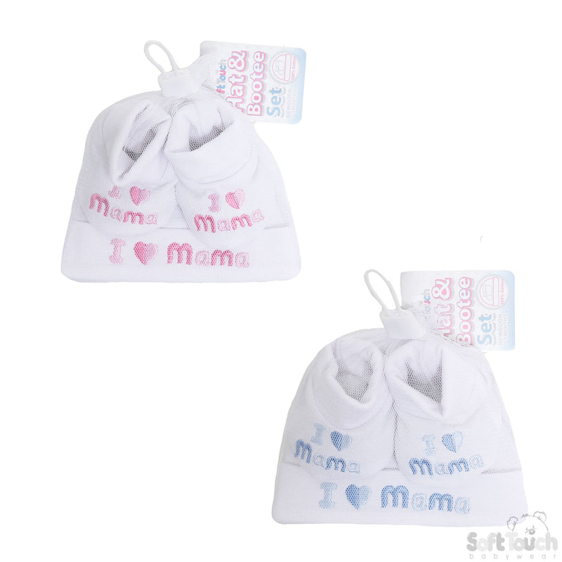 WHITE BABY HAT & BOOTEE SET - I LOVE MAMA (NB-3MONTHS) HB32-M