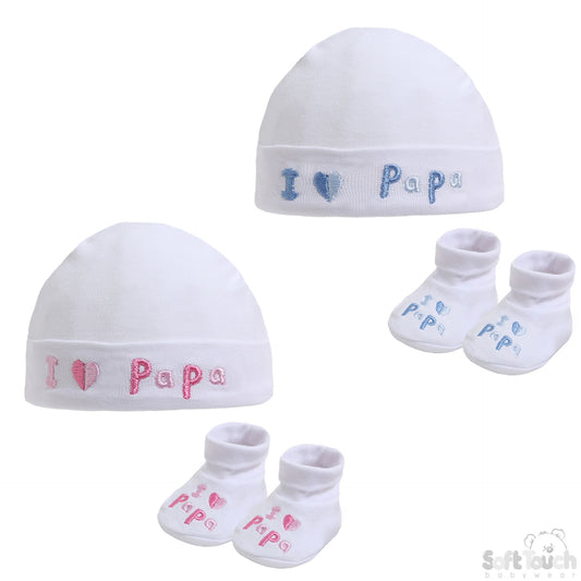 WHITE BABY HAT & BOOTEE SET - I LOVE PAPA (NB-3MONTHS) HB32-P