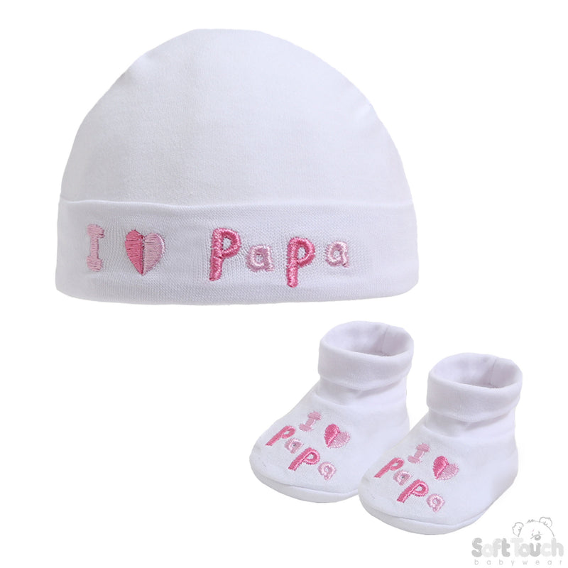 WHITE BABY HAT & BOOTEE SET - I LOVE PAPA (NB-3MONTHS) HB32-P