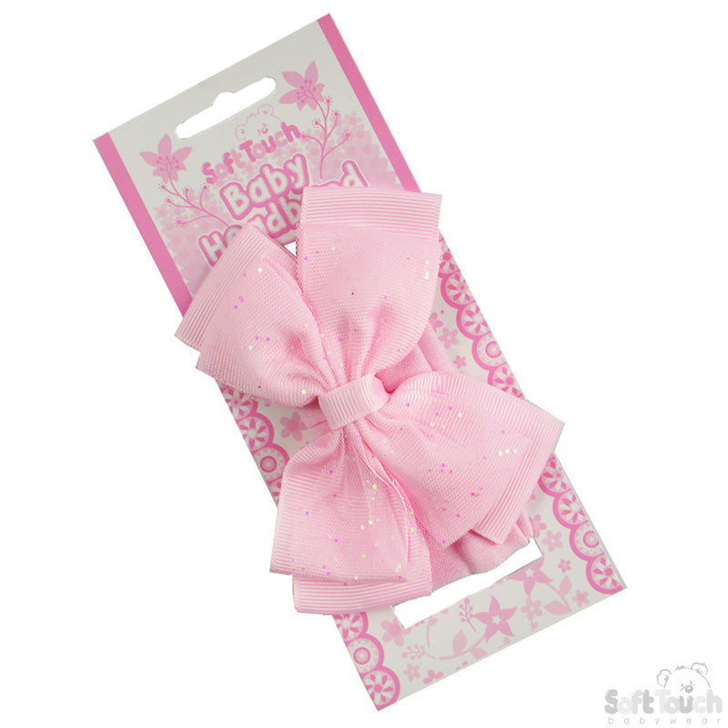 Girls Pink Headband W/Glitter Bow -HB92-P