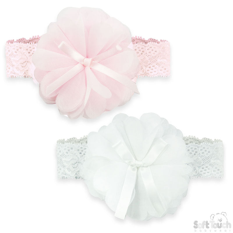 Girls Pink & White Headband W/Organza Flower & Bow -HB95