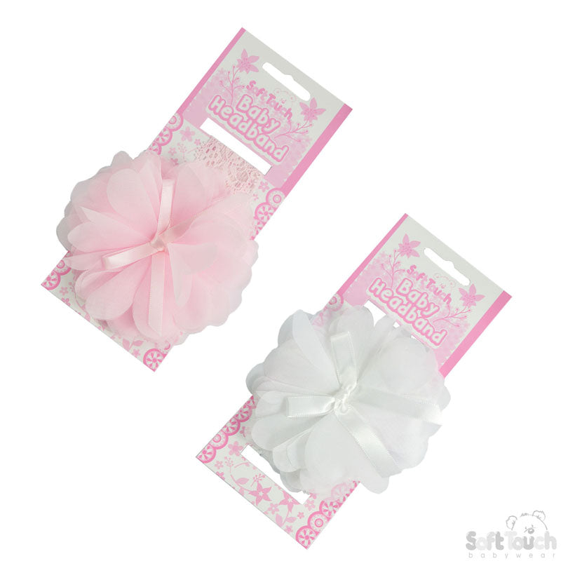 Girls Pink & White Headband W/Organza Flower & Bow -HB95