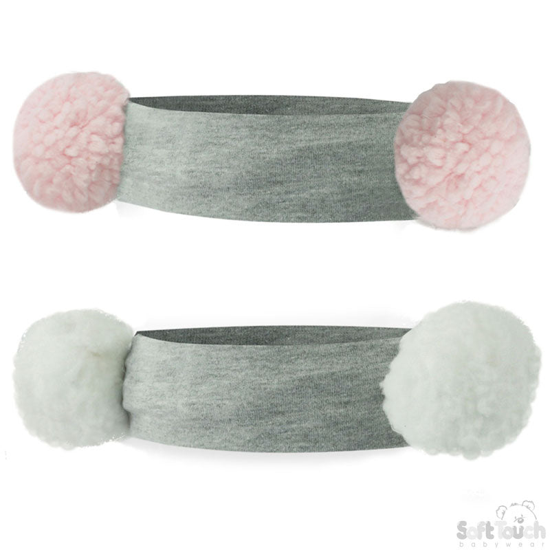Girls Grey Headband W/ Pink/White Pom Poms -HB96