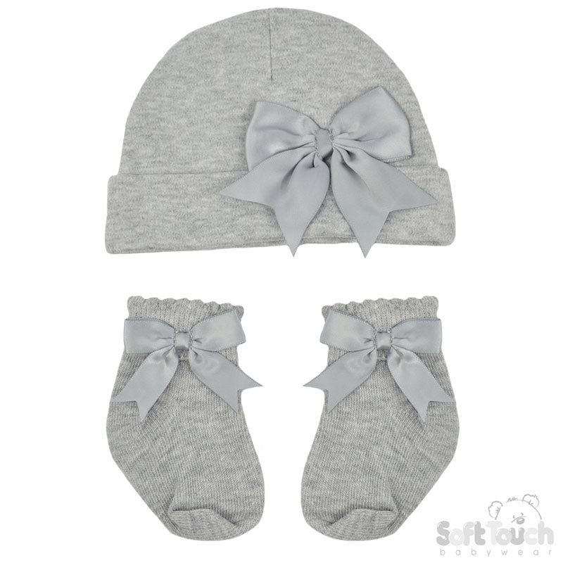 Grey Hat & Socks Set With Bow (NB-3 & 3-6 Months) (Pk6) HS104-G