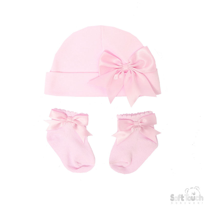 Pink Hat & Socks Set With Bow (NB-3 & 3-6 Months) (Pk6) HS104-P