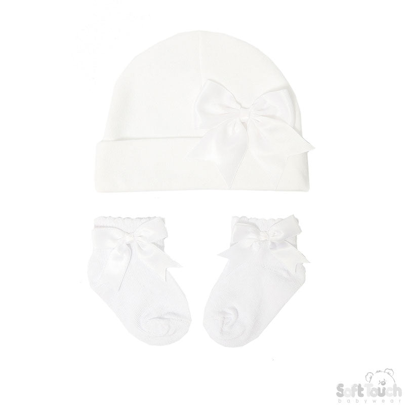 White Hat & Socks Set With Bow (NB-3 & 3-6 Months) (Pk6) HS104-W