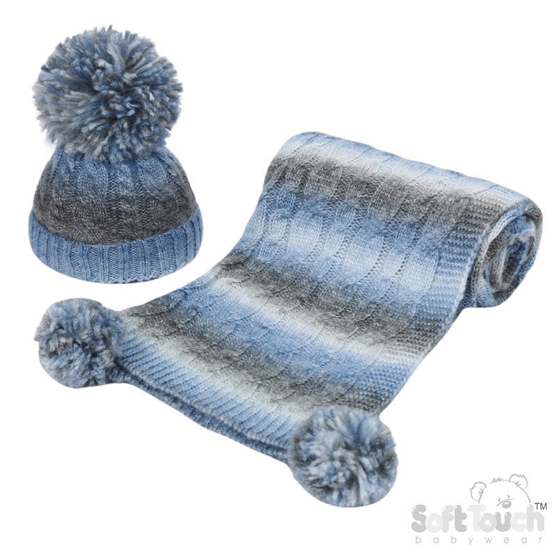 BLUE/GREY CABLE HAT AND WRAP SET (NB-12m) (PK1 HW05B