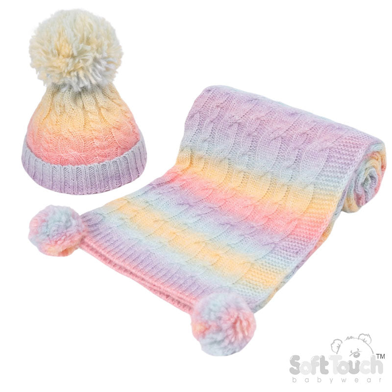 MULTI COLOURED CABLE HAT AND WRAP SET (NB-12m) (PK1) HW05P