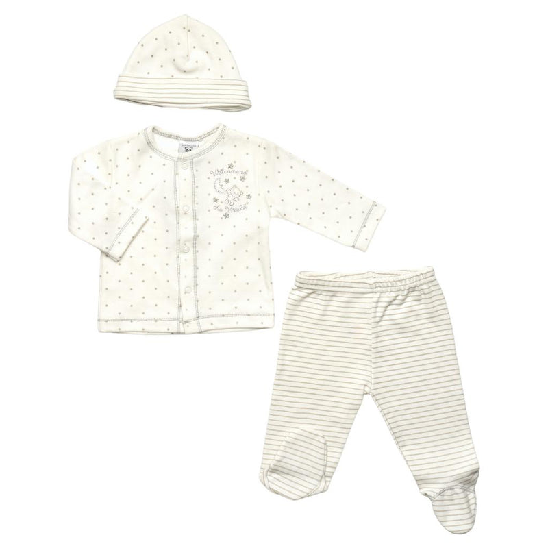 Baby 3 Piece Cotton Unisex Knitted Set "Welcome To The World" Print (0-6 Months)-40JTC8903