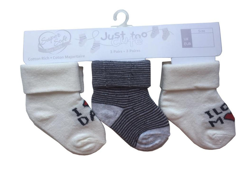 Triple Pack unisex Socks - I Love Mum/Dad  (0-12m) 24JTC8954