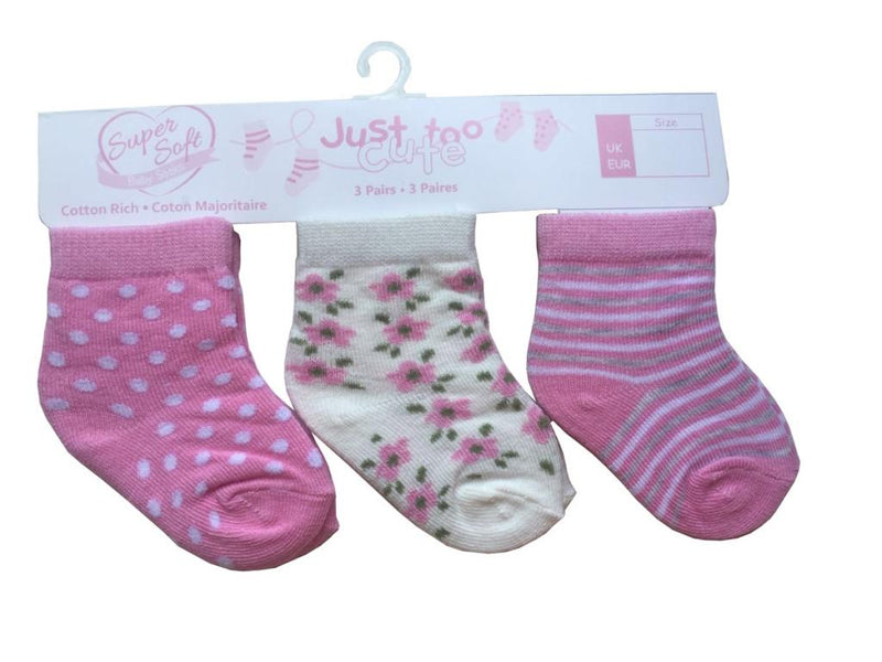 Triple Pack Girls Socks - Floral/Stripes  (0-12m) 24JTC8956