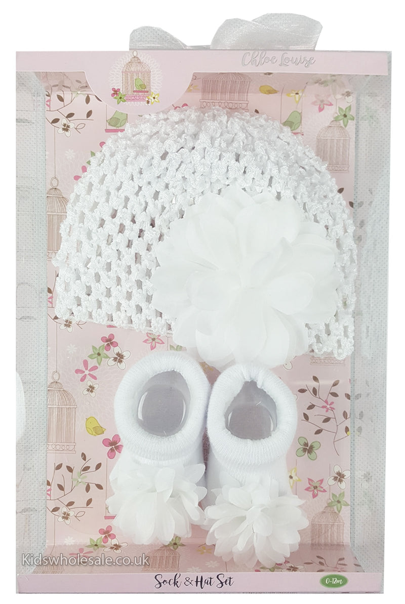 Girls White Sock & Hat Set - Flower - 0-12 Months (K11235) - Kidswholesale.co.uk