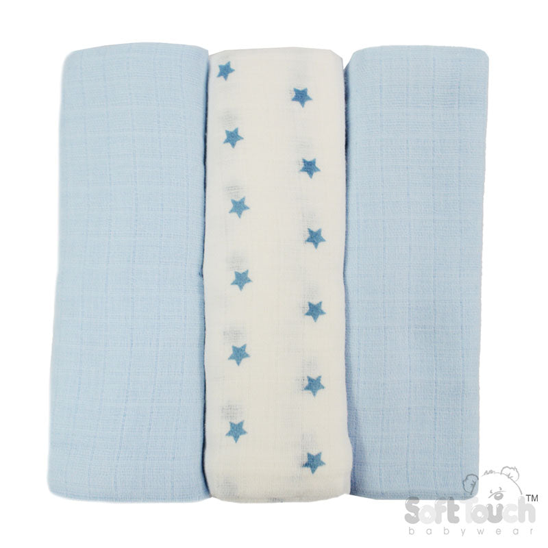 3 Pack Blue Deluxe Super Soft Muslin Squares (PK6) MS13-B
