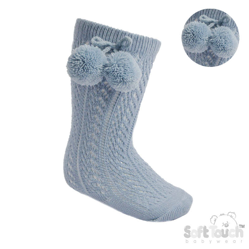 Dusty Blue Infants Pelerine Knee-Length Socks W/Pom Pom - 0-24 Months - PS04-DB