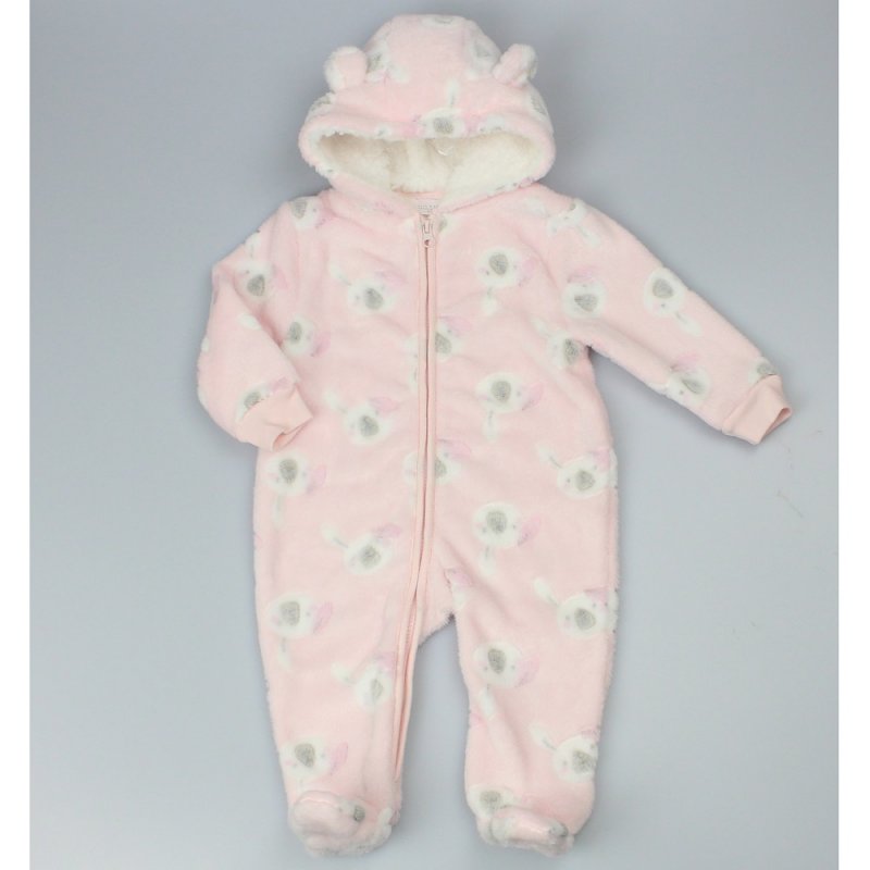 BABY PINK BUNNY PRINT HOODED CUDDLE FLEECE ALL IN ONE (3-12 MONTHS) (PK6) F22552