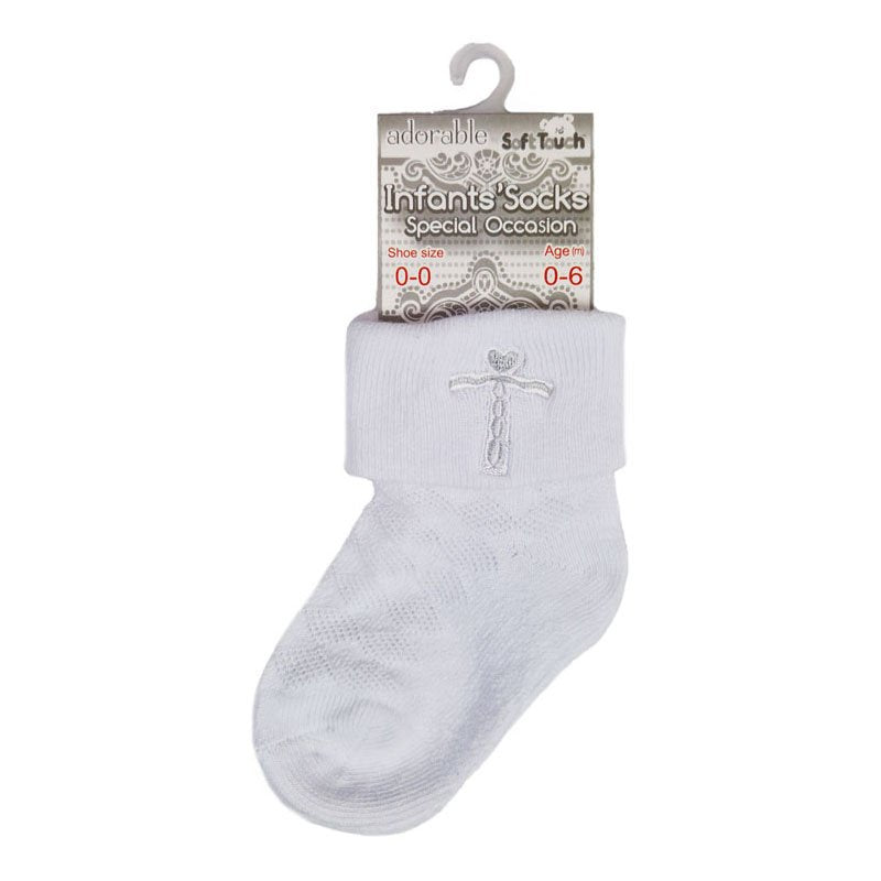 WHITE ANKLE SOCKS W/CROSS EMBROIDERY (0-12 Months) (PK12) S11-W