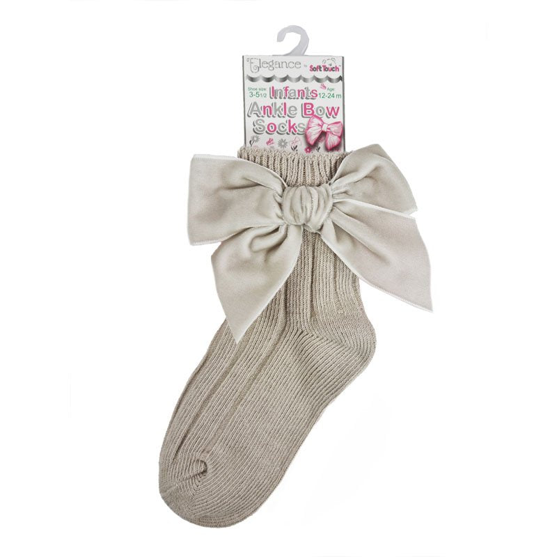 BISCUIT RIBBED ANKLE SOCKS W/LARGE VELVET BOW (0-24 Months) (PK12) S126-BI