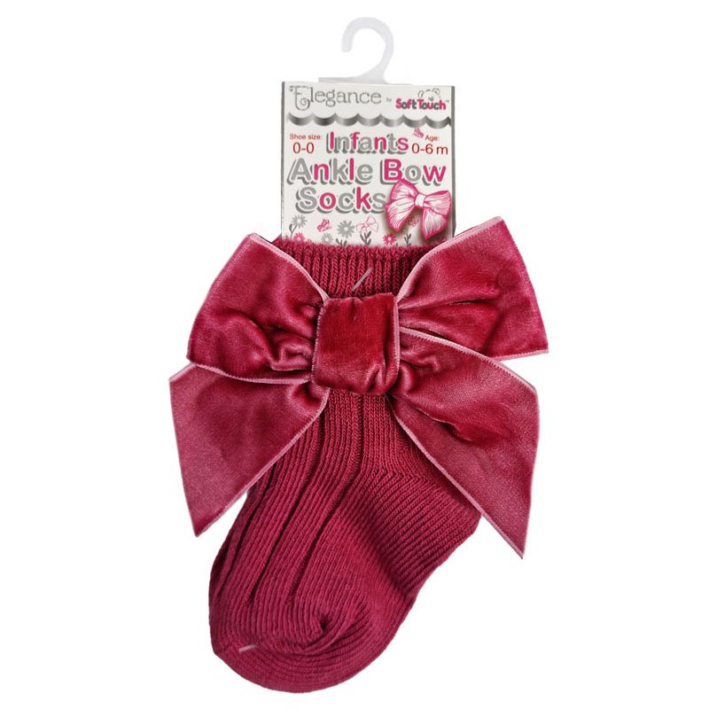 DUSTY PINK RIBBED ANKLE SOCKS W/LARGE VELVET BOW (0-24 Months) (PK12) S126-DP