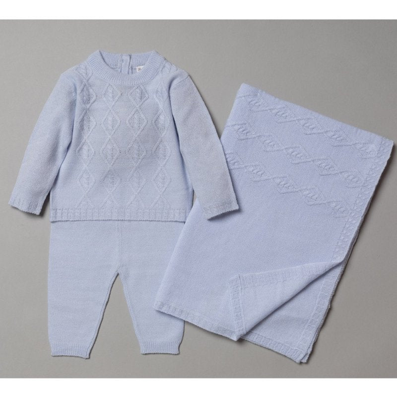 BABY BOYS CABLE KNITTED 3 PIECE SHAWL SET (0-9 MONTHS)-S19076 3pk