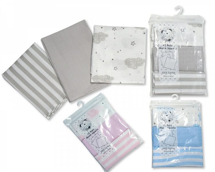 Baby Muslin Squares 3 Pack - Printed and Plain - Bw 0503-0529
