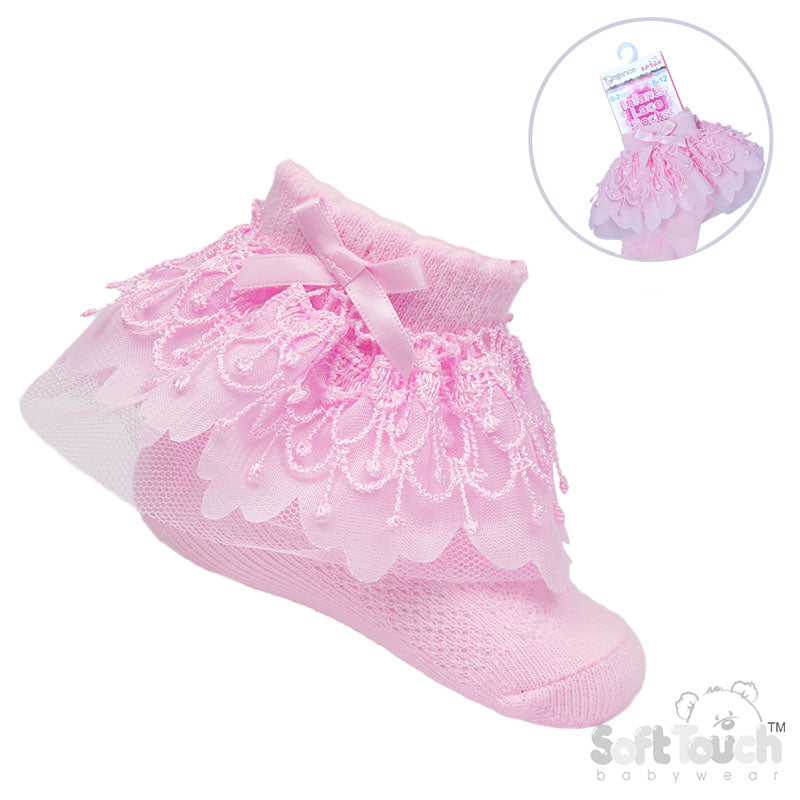 PINK ANKLE SOCKS W/BELL LACE & BOW (0-24 Months) S344P