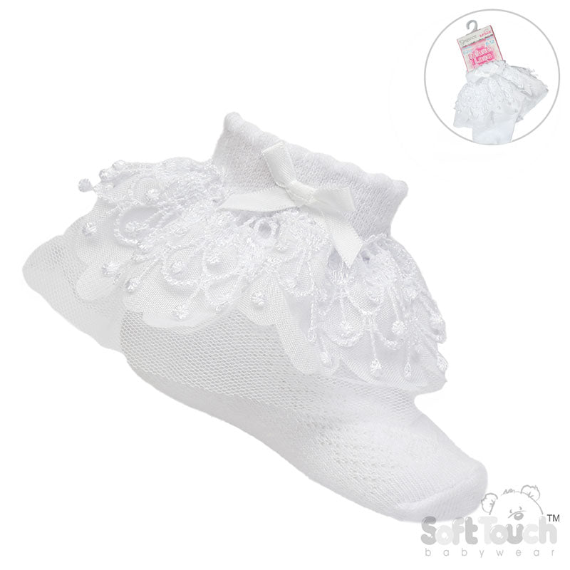 WHITE ANKLE SOCKS W/BELL LACE & BOW (0-24 Months) S344-W