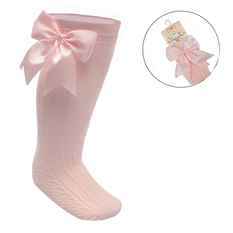 Baby Pink Infants Knee Length Socks - Large Bow (0-24m) S350-BP