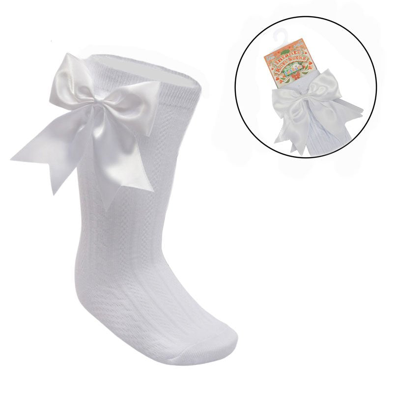 White Infants Knee Length Socks - Large Bow (0-24m) S350-W