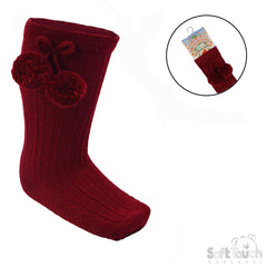 Burgundy 'Elegance' Pom Pom Knee Length Socks (0-24 MONTHS) (PK12) S355-BU