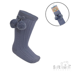 Dusty Blue 'Elegance' Pom Pom Knee Length Socks  (0-24 MONTHS) (PK12) S355-DB