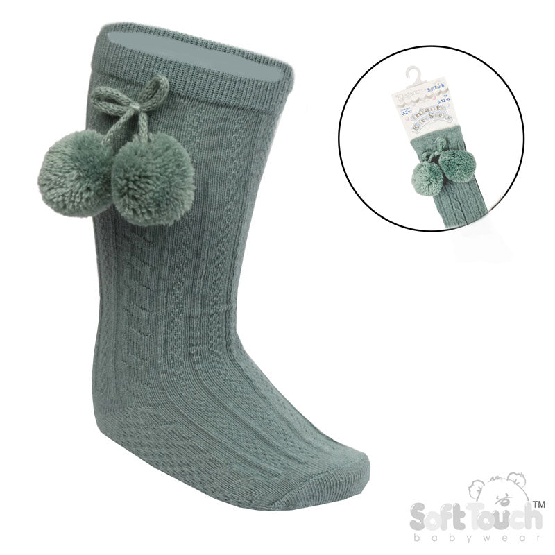 SAGE GREEN 'ELEGANCE' KNEE LENGTH SOCKS W/POM POM : (0-24 MONTHS) S355-SG