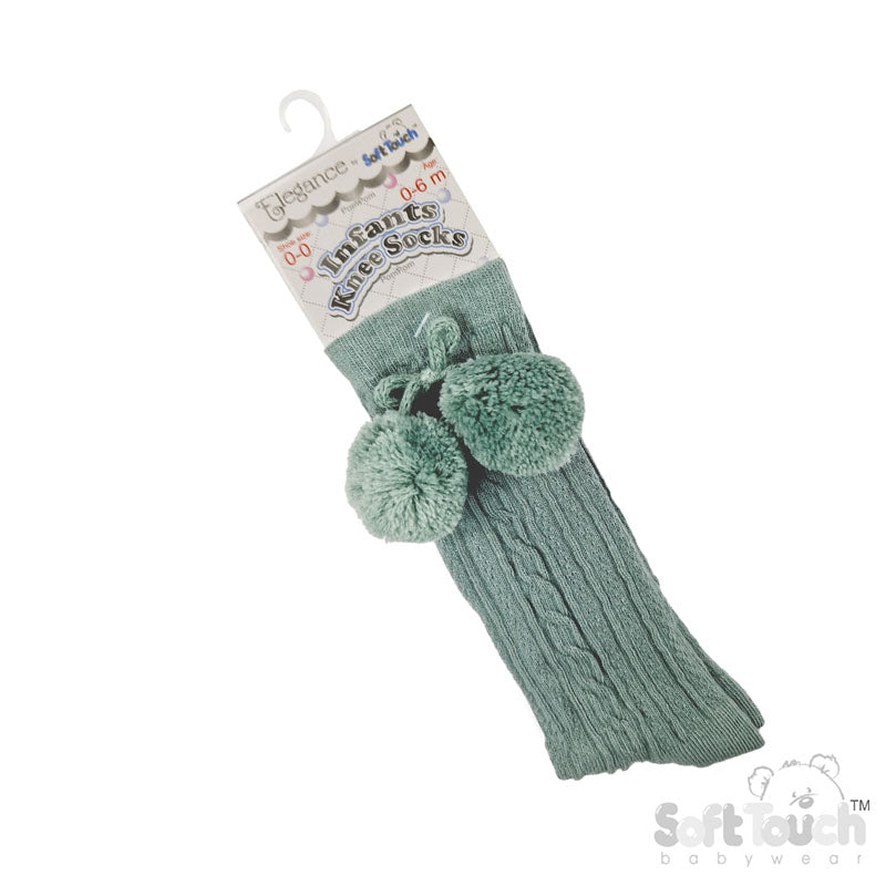 SAGE GREEN 'ELEGANCE' KNEE LENGTH SOCKS W/POM POM : (0-24 MONTHS) S355-SG