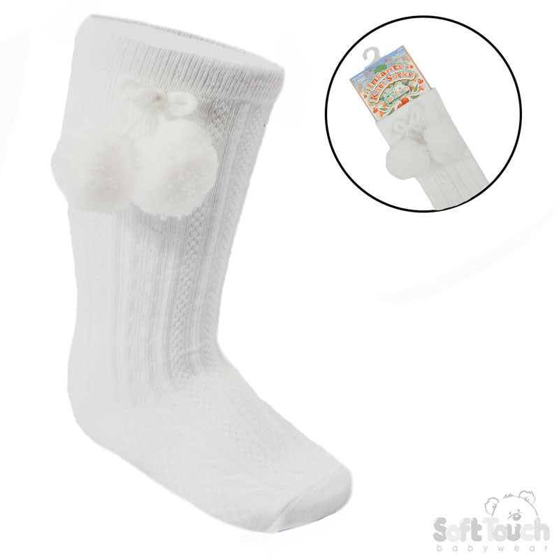 WHITE 'ELEGANCE' POM POM KNEE LENGTH SOCKS (0-24 MONTHS) S355-W