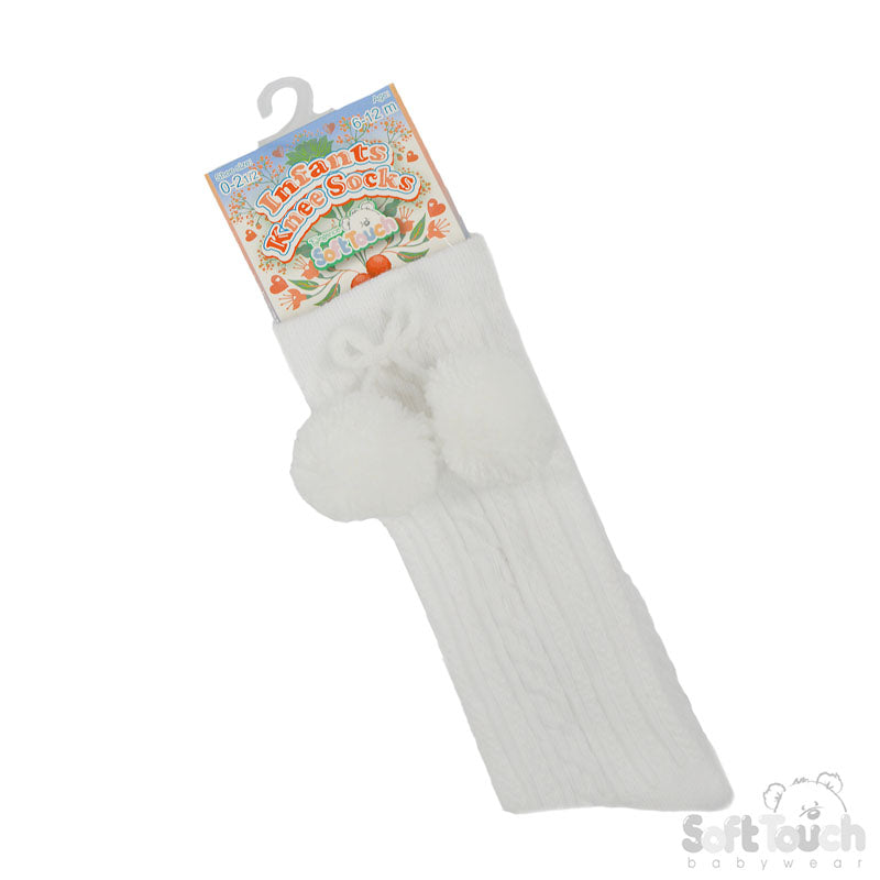 WHITE 'ELEGANCE' POM POM KNEE LENGTH SOCKS (0-24 MONTHS) S355-W