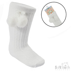 White 'Elegance' Pom Pom Knee Length Socks (0-24 MONTHS) (PK12) S355-W
