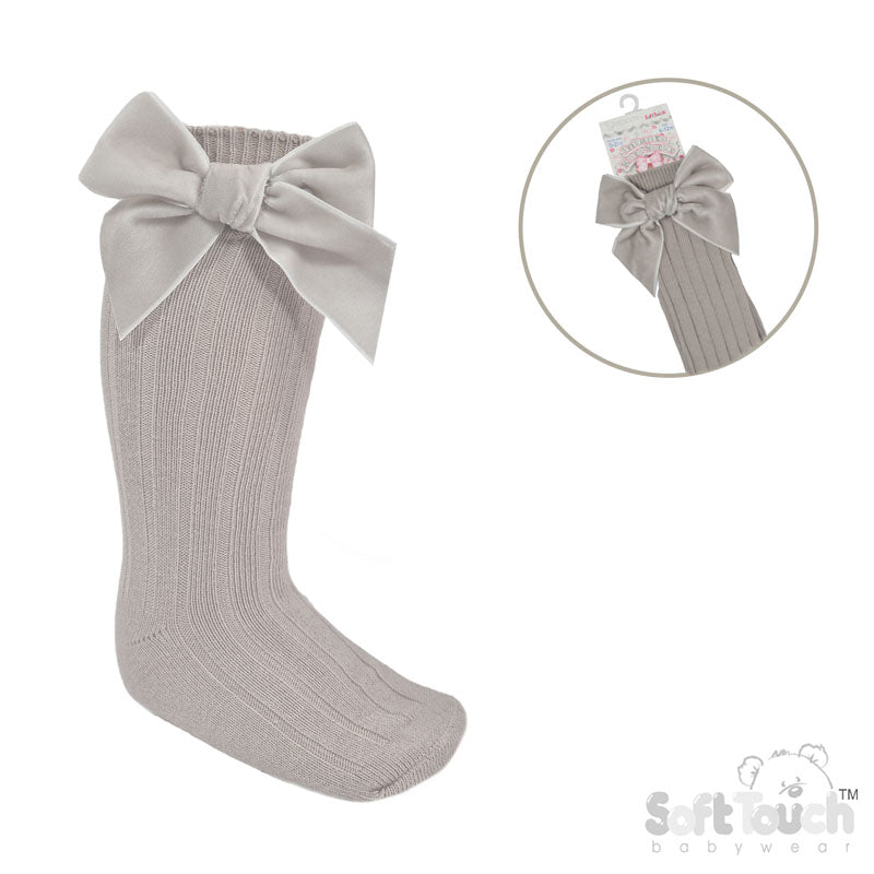 BISCUIT RIBBED KNEE LENGTH SOCKS W/LARGE VELVET BOW (0-24 Months) S360-BI