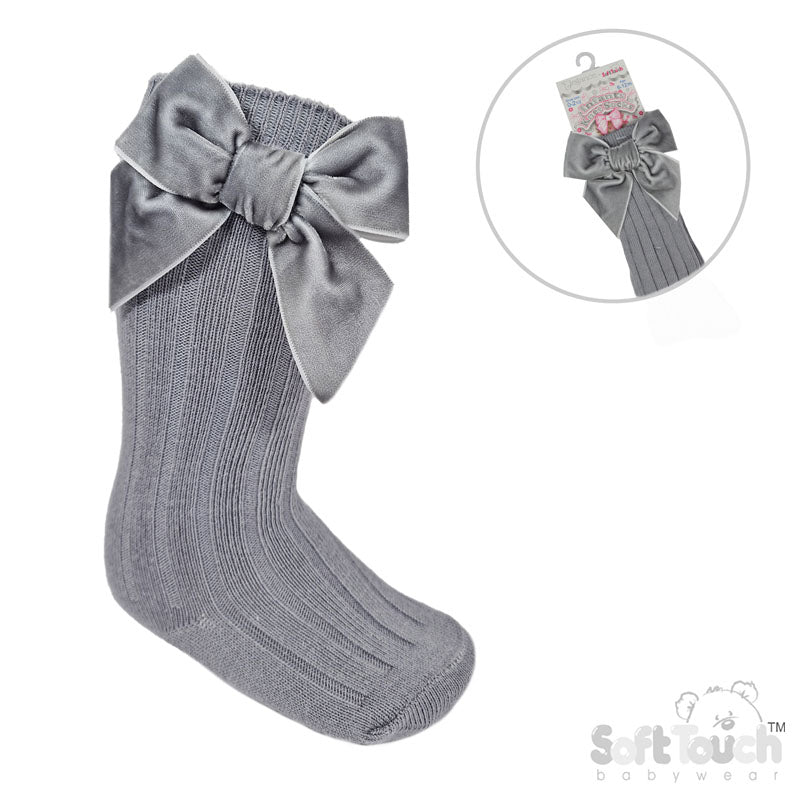 GREY RIBBED KNEE LENGTH SOCKS W/LARGE VELVET BOW (0-24 Months) S360-G