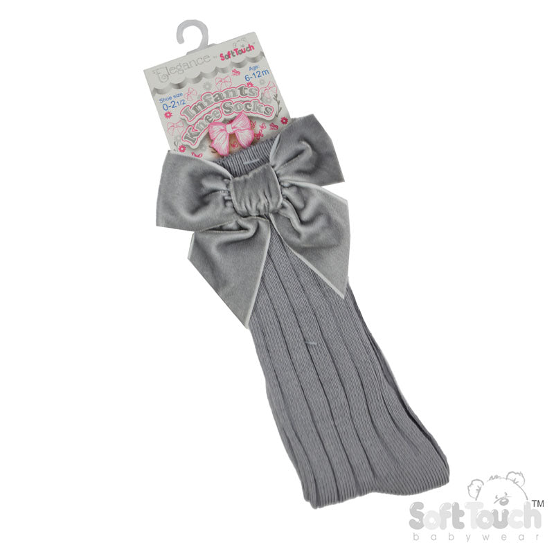 GREY RIBBED KNEE LENGTH SOCKS W/LARGE VELVET BOW (0-24 Months) S360-G