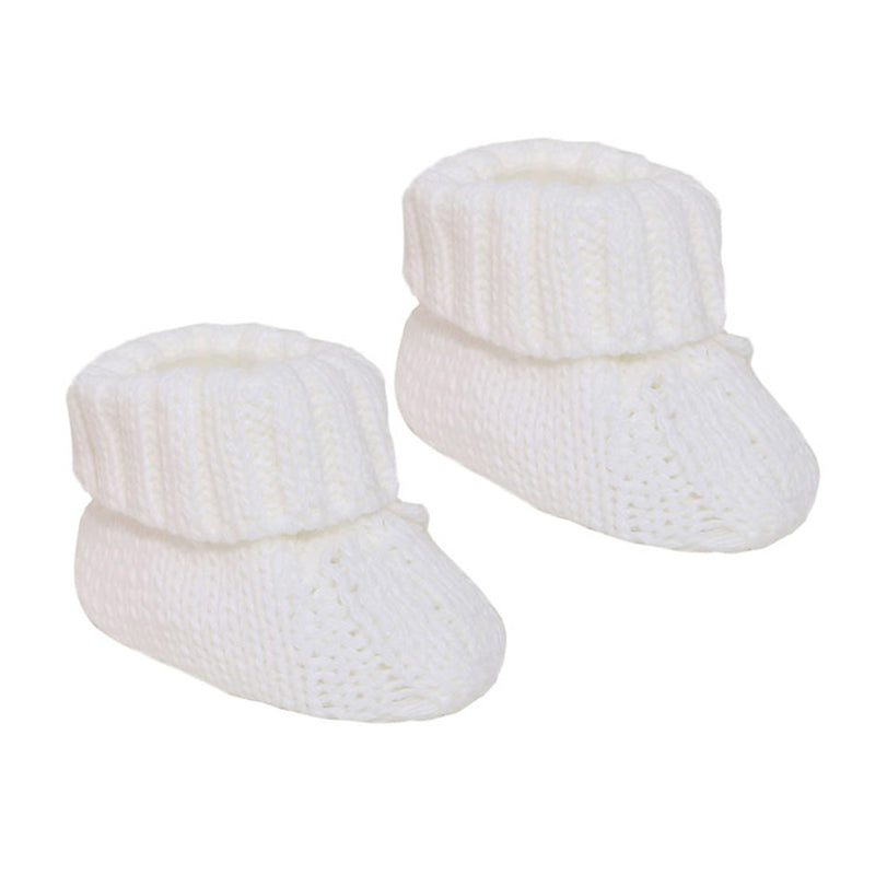 WHITE ACRYLIC CABLE KNIT BABY BOOTEES WITH TURNOVER & BOW - S415W