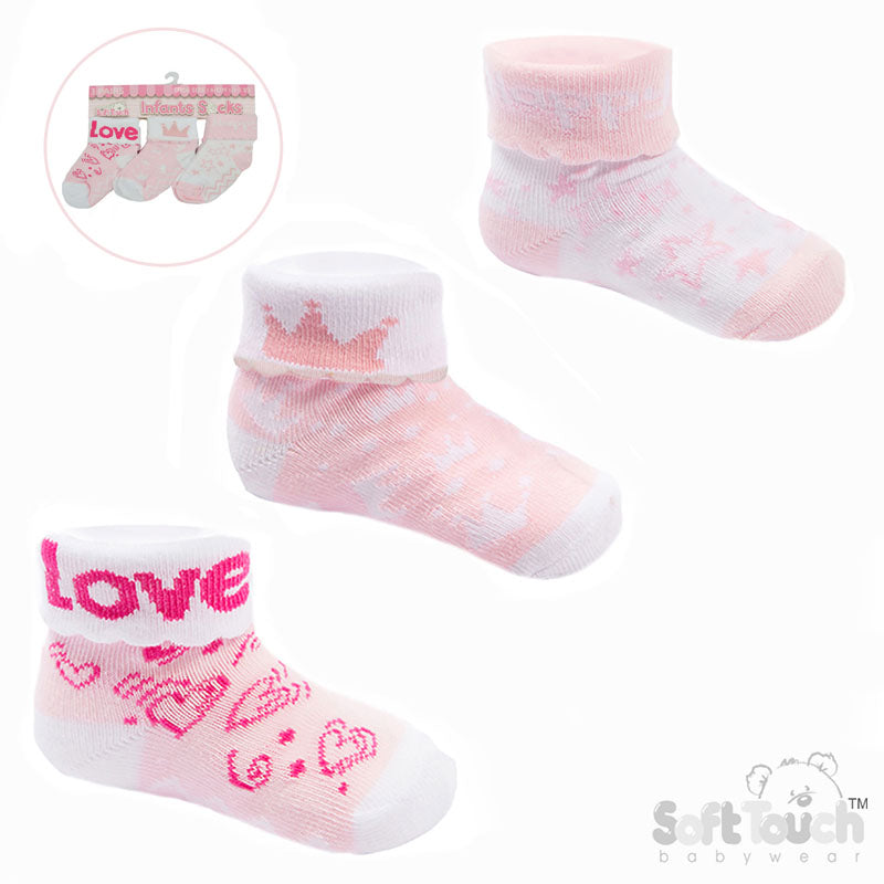 Girls 3pk Turnover Socks -Love (NB-12) S500