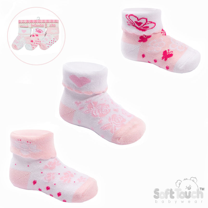 Girls 3pk Turnover Socks -Butterfly(NB-12) S501