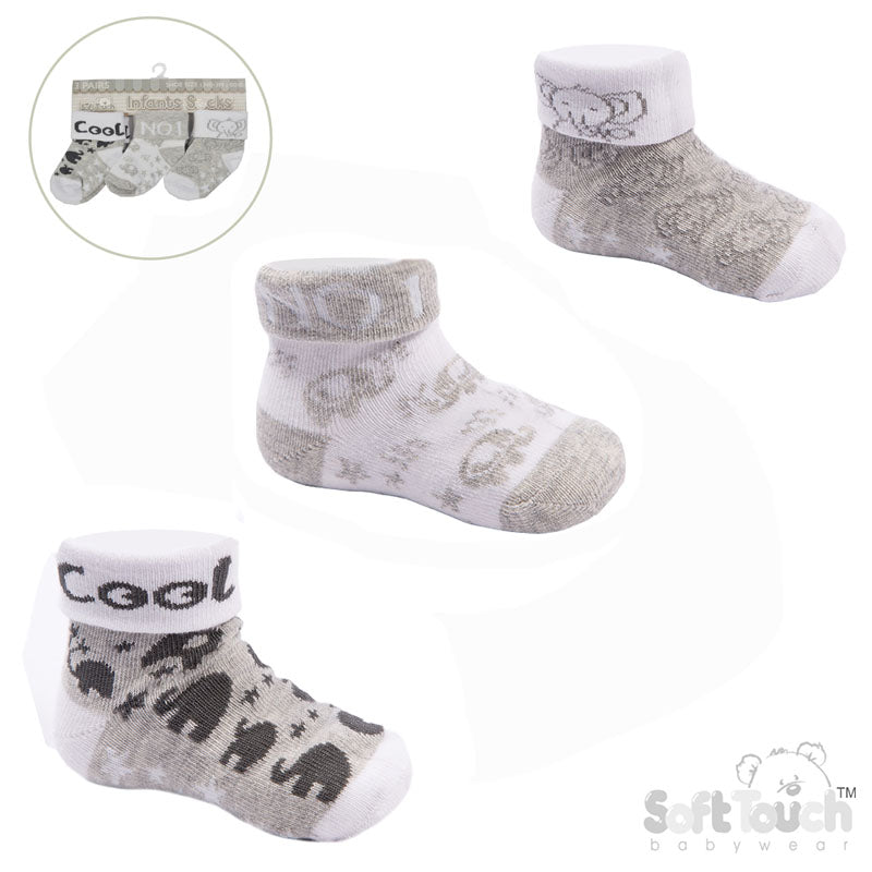 Grey 3pk Turnover Socks - Cool Elephant (NB-12) S504