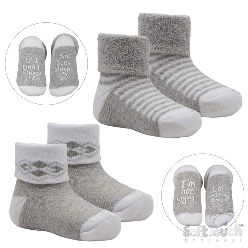 Grey 2 Pack Anti-Slip Terry Socks (0-12m) (PK12) S520-G