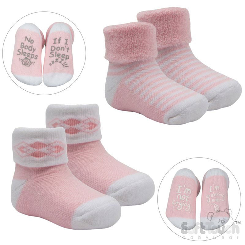Pink 2 Pack Anti-Slip Terry Socks (0-12m) (PK12) S520-P