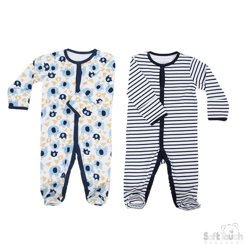 2 Pack Baby Sleep Suits Elephant and Striped Print (NB-9Months)-4SS4672