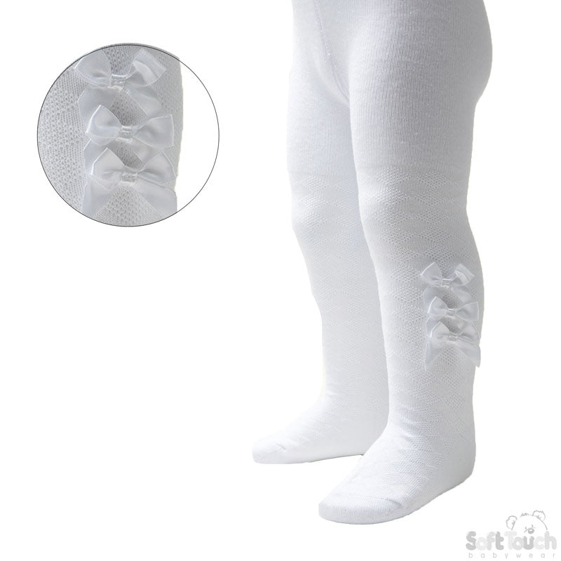 Girls White Diamond Jacquard Tights With 3 Bows (NB-24 Months)-4T124-W