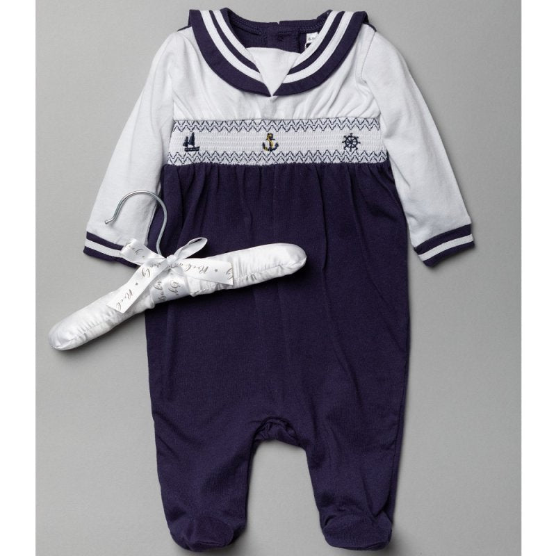 Baby Boys Smocked Sailor Cotton All In One On A Satin Padded Hanger (0-12 Months)-T20318
